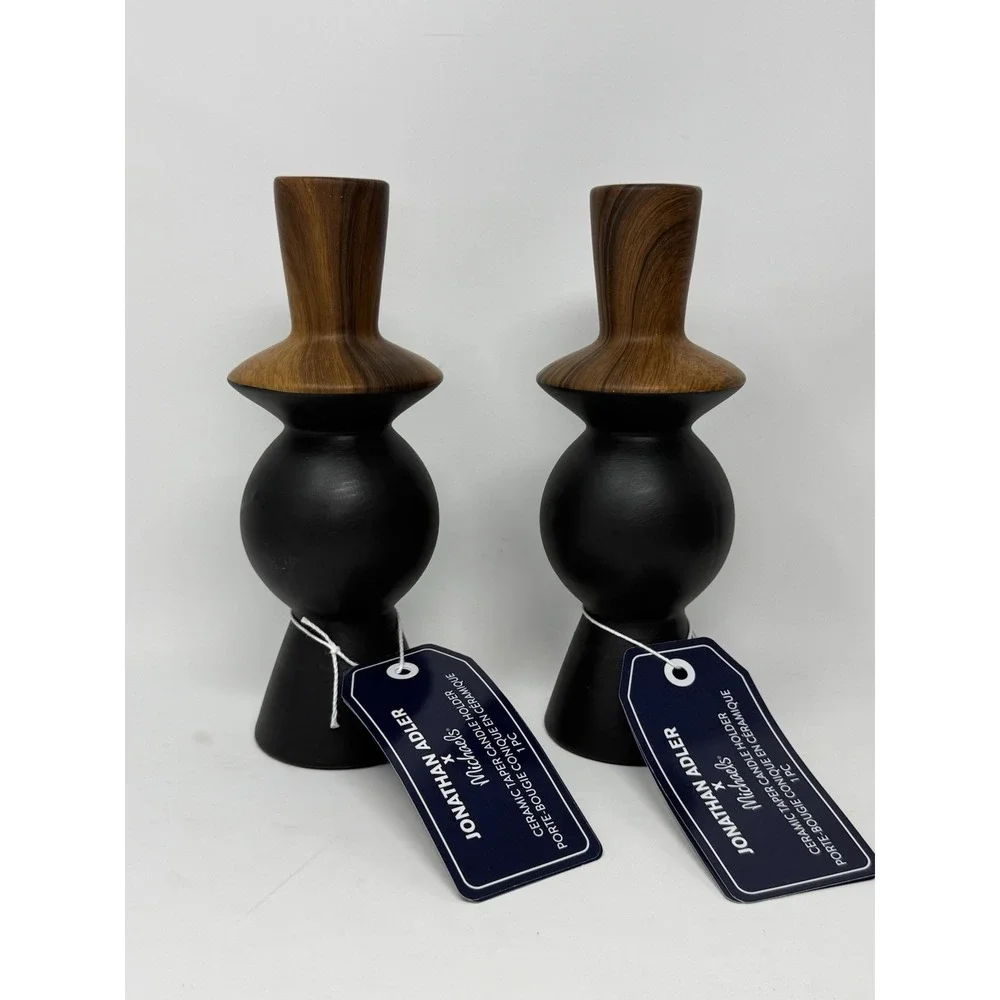 Jonathan Adler X Michaels Ceramic Brown Black Candle Stick Holder Pair NWT